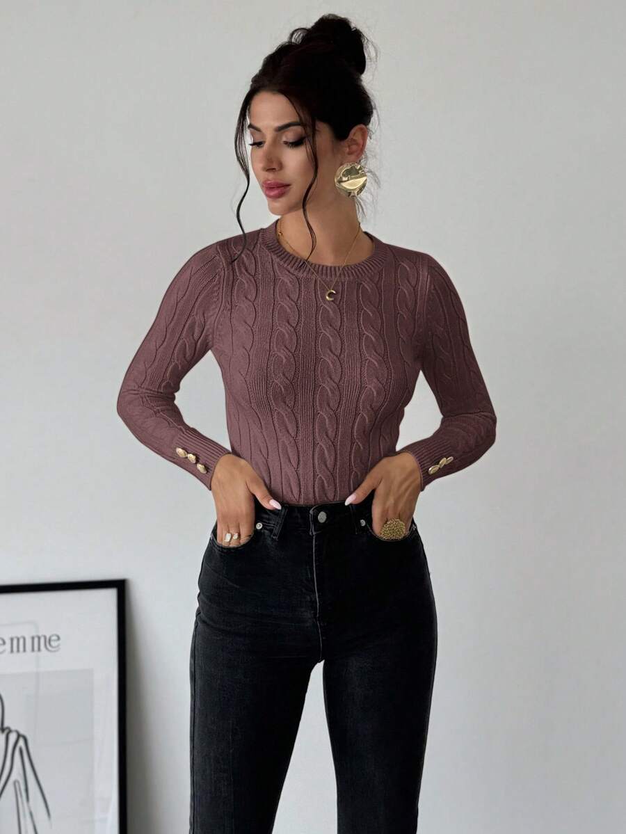 Firerie Women's Elegant Basic White Cable Knit Sweater,Autumn Brunch Crew Neck Long Sleeve Pullover,College Style Slim Fit Viscose Top,Business Casual Office