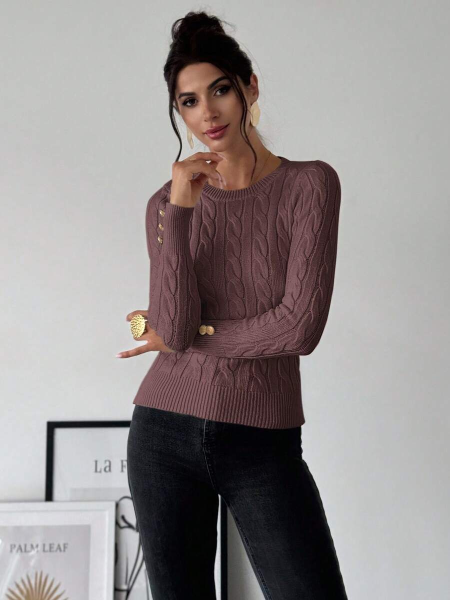 Firerie Women's Elegant Basic White Cable Knit Sweater,Autumn Brunch Crew Neck Long Sleeve Pullover,College Style Slim Fit Viscose Top,Business Casual Office