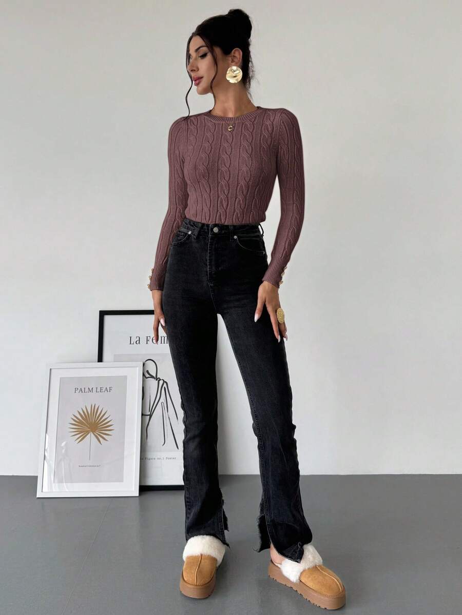 Firerie Women's Elegant Basic White Cable Knit Sweater,Autumn Brunch Crew Neck Long Sleeve Pullover,College Style Slim Fit Viscose Top,Business Casual Office