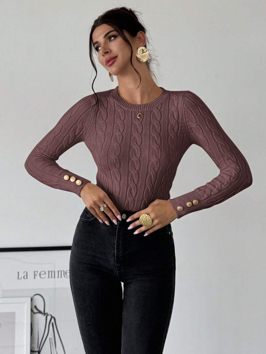 Firerie Women's Elegant Basic White Cable Knit Sweater,Autumn Brunch Crew Neck Long Sleeve Pullover,College Style Slim Fit Viscose Top,Business Casual Office