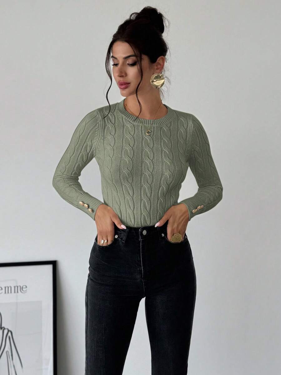 Firerie Women's Elegant Basic White Cable Knit Sweater,Autumn Brunch Crew Neck Long Sleeve Pullover,College Style Slim Fit Viscose Top,Business Casual Office