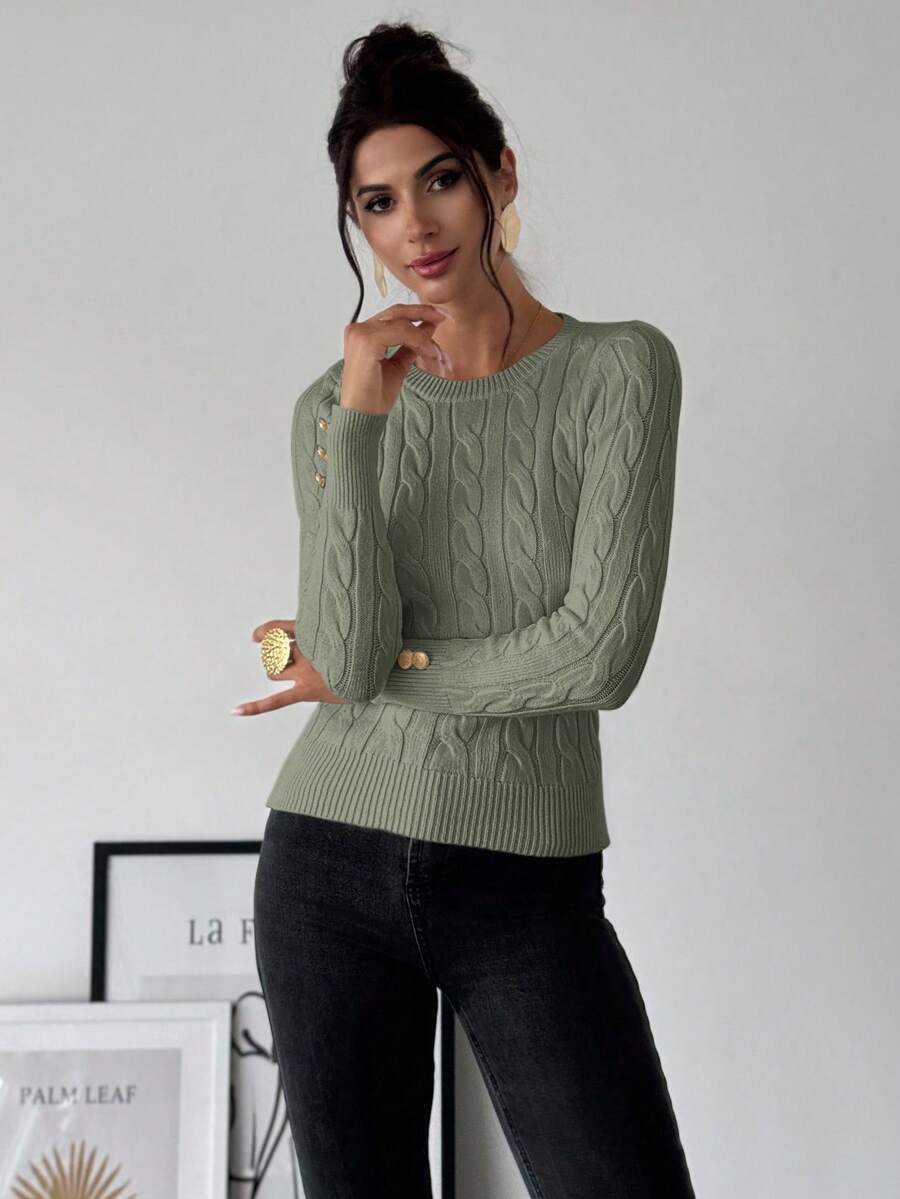 Firerie Women's Elegant Basic White Cable Knit Sweater,Autumn Brunch Crew Neck Long Sleeve Pullover,College Style Slim Fit Viscose Top,Business Casual Office