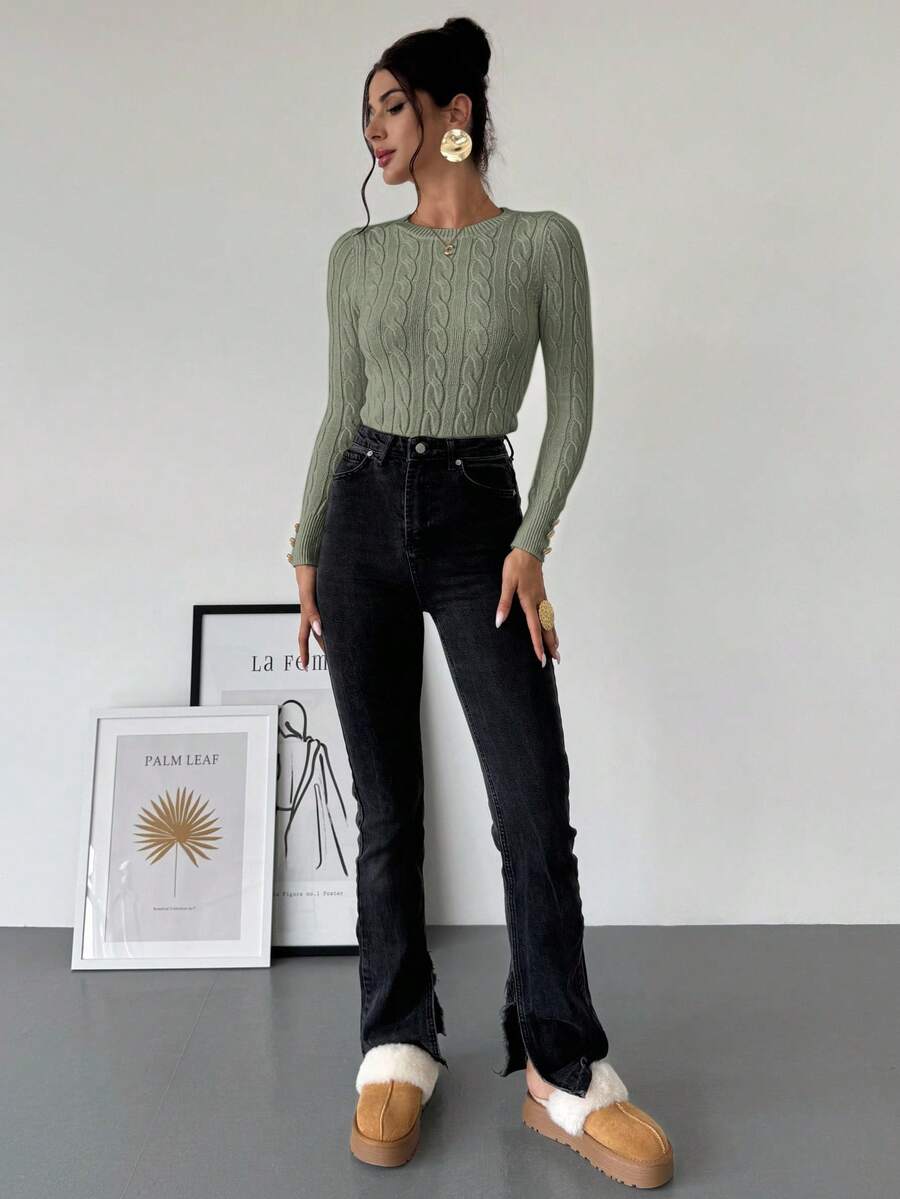 Firerie Women's Elegant Basic White Cable Knit Sweater,Autumn Brunch Crew Neck Long Sleeve Pullover,College Style Slim Fit Viscose Top,Business Casual Office