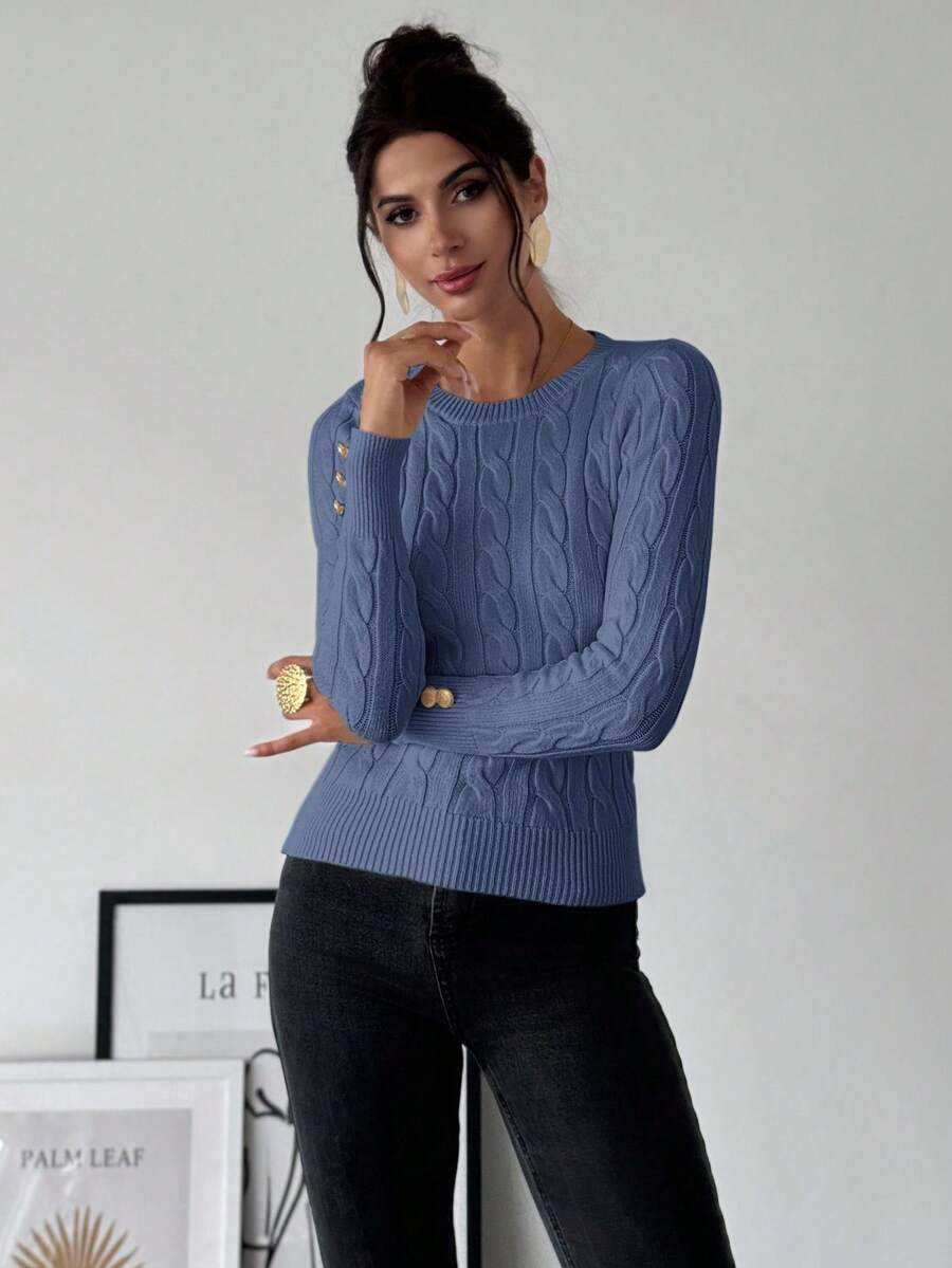 Firerie Women's Elegant Basic White Cable Knit Sweater,Autumn Brunch Crew Neck Long Sleeve Pullover,College Style Slim Fit Viscose Top,Business Casual Office