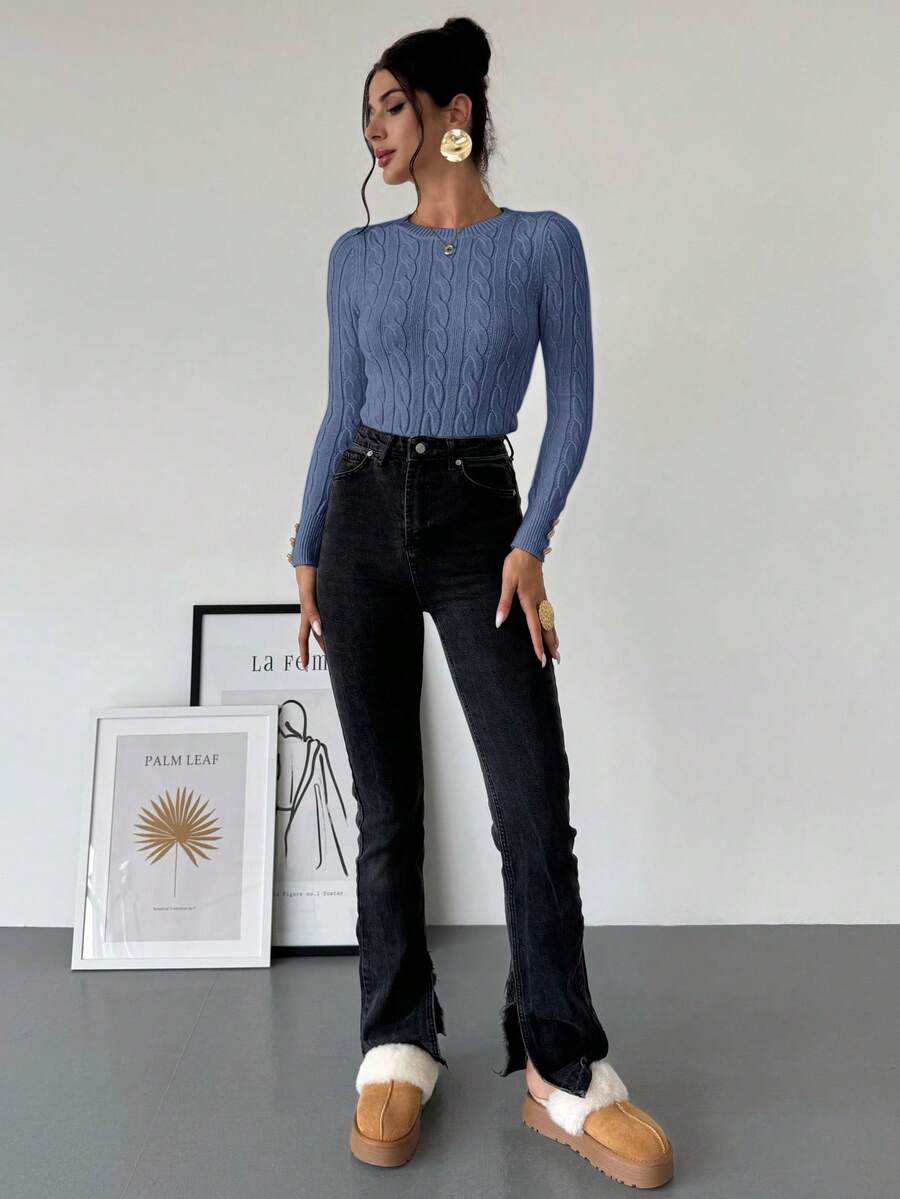 Firerie Women's Elegant Basic White Cable Knit Sweater,Autumn Brunch Crew Neck Long Sleeve Pullover,College Style Slim Fit Viscose Top,Business Casual Office