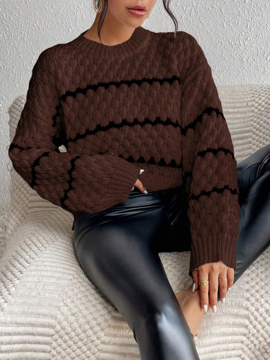 SHEIN Unity Striped Pattern Drop Shoulder Sweater,Long Sleeve Tops Knit Pullover Fall Winter Sweater