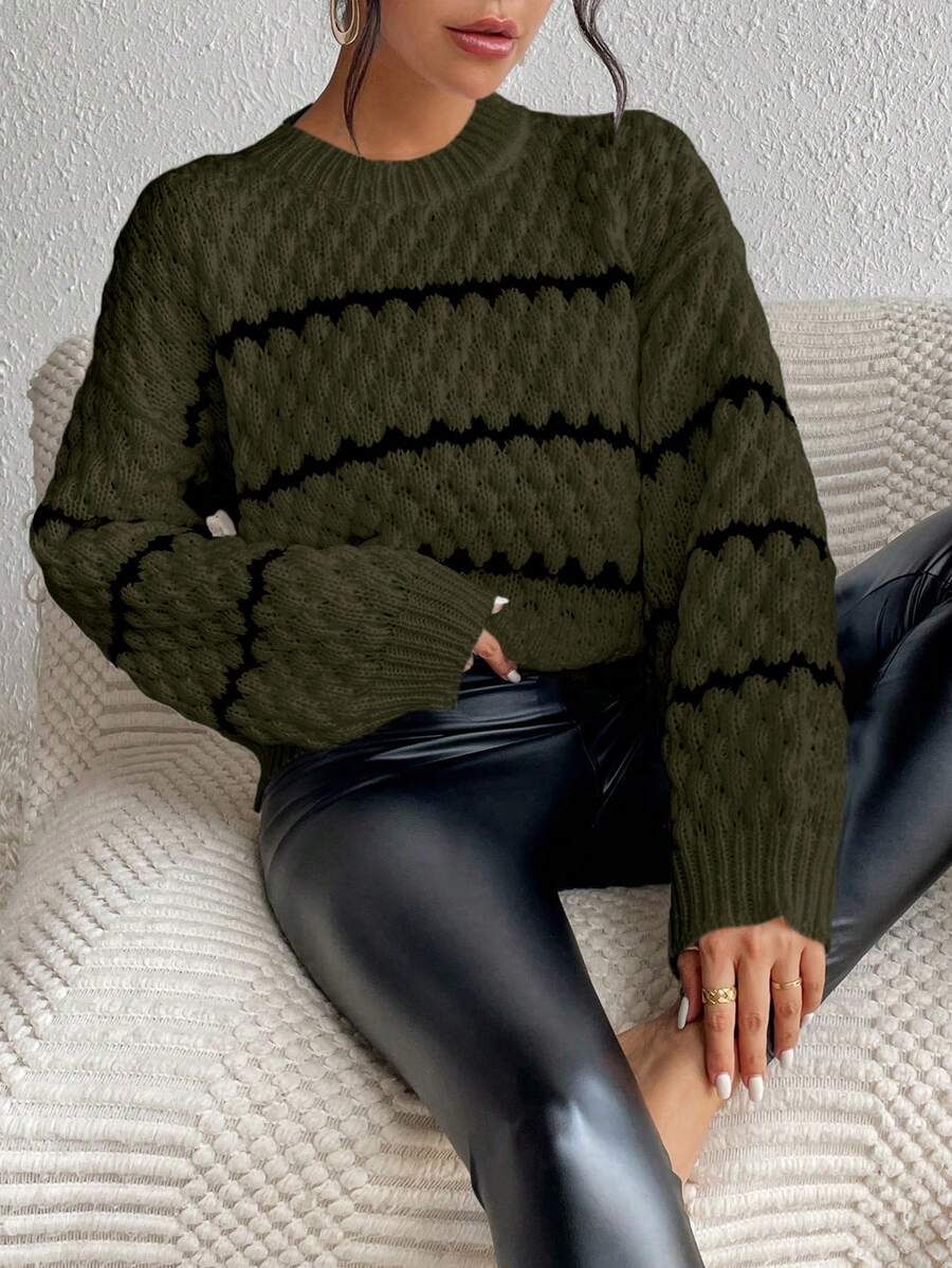 SHEIN Unity Striped Pattern Drop Shoulder Sweater,Long Sleeve Tops Knit Pullover Fall Winter Sweater
