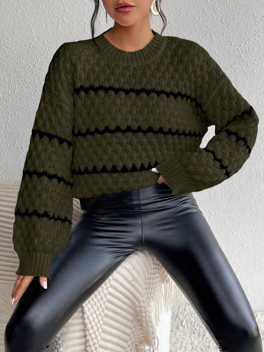 SHEIN Unity Striped Pattern Drop Shoulder Sweater,Long Sleeve Tops Knit Pullover Fall Winter Sweater