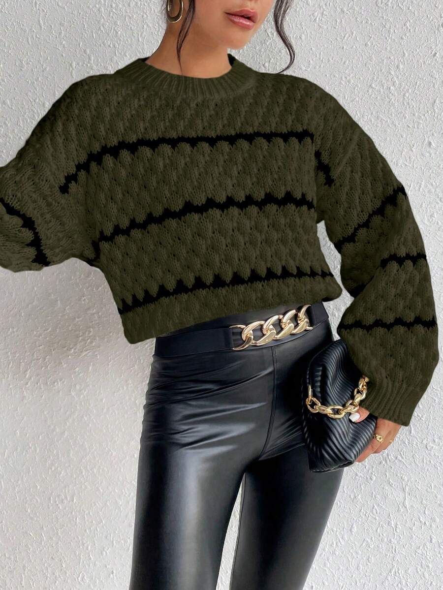 SHEIN Unity Striped Pattern Drop Shoulder Sweater,Long Sleeve Tops Knit Pullover Fall Winter Sweater