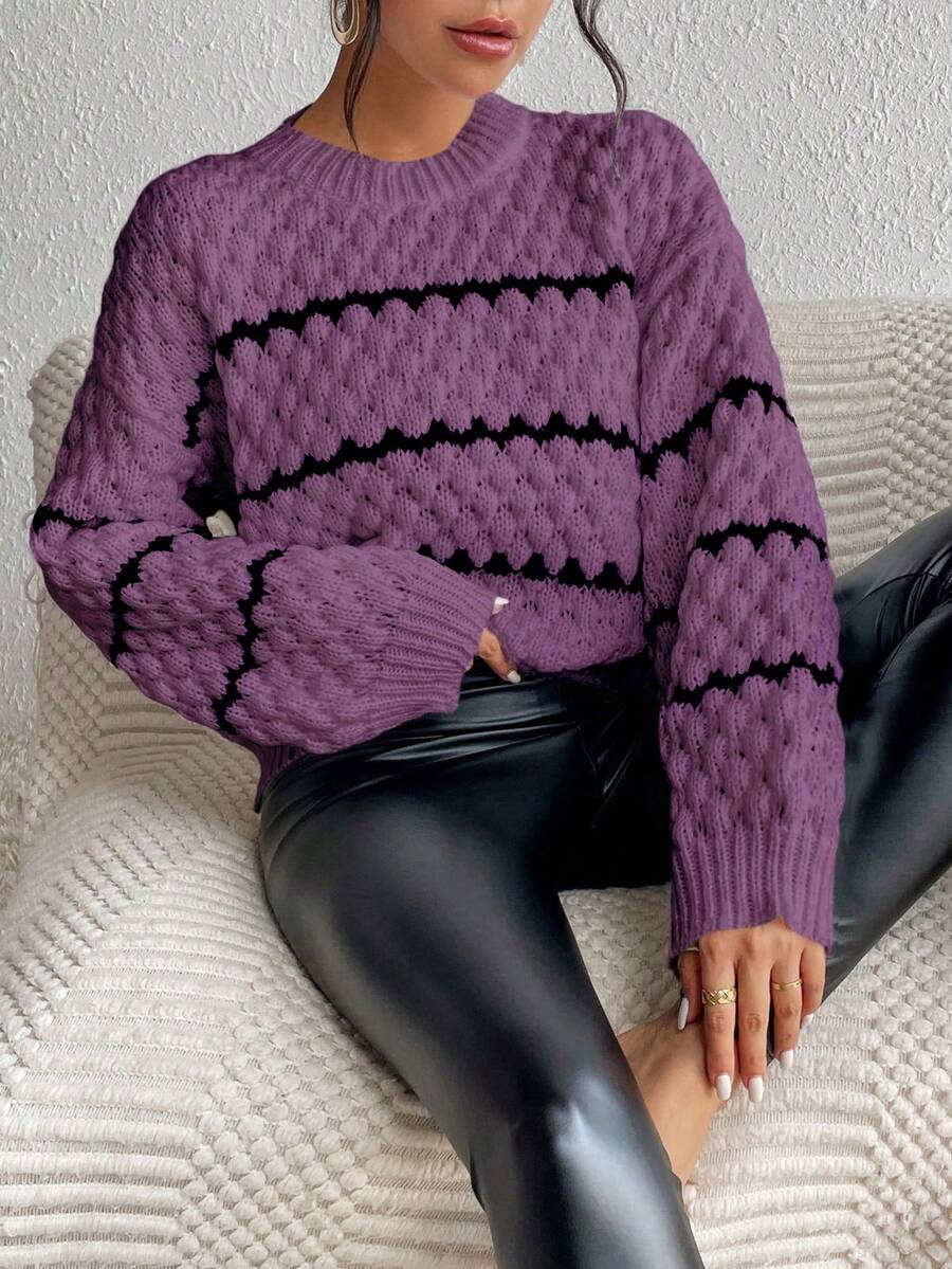 SHEIN Unity Striped Pattern Drop Shoulder Sweater,Long Sleeve Tops Knit Pullover Fall Winter Sweater