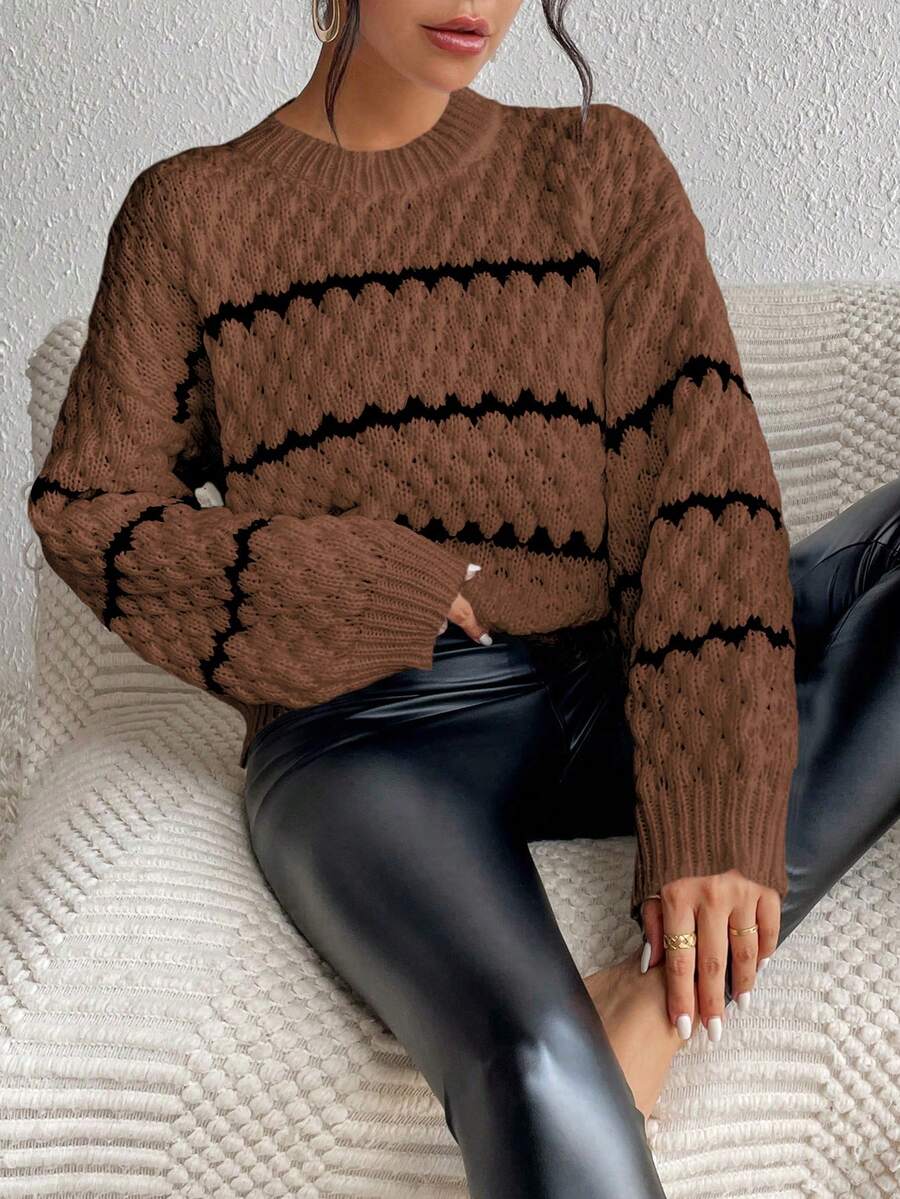 SHEIN Unity Striped Pattern Drop Shoulder Sweater,Long Sleeve Tops Knit Pullover Fall Winter Sweater