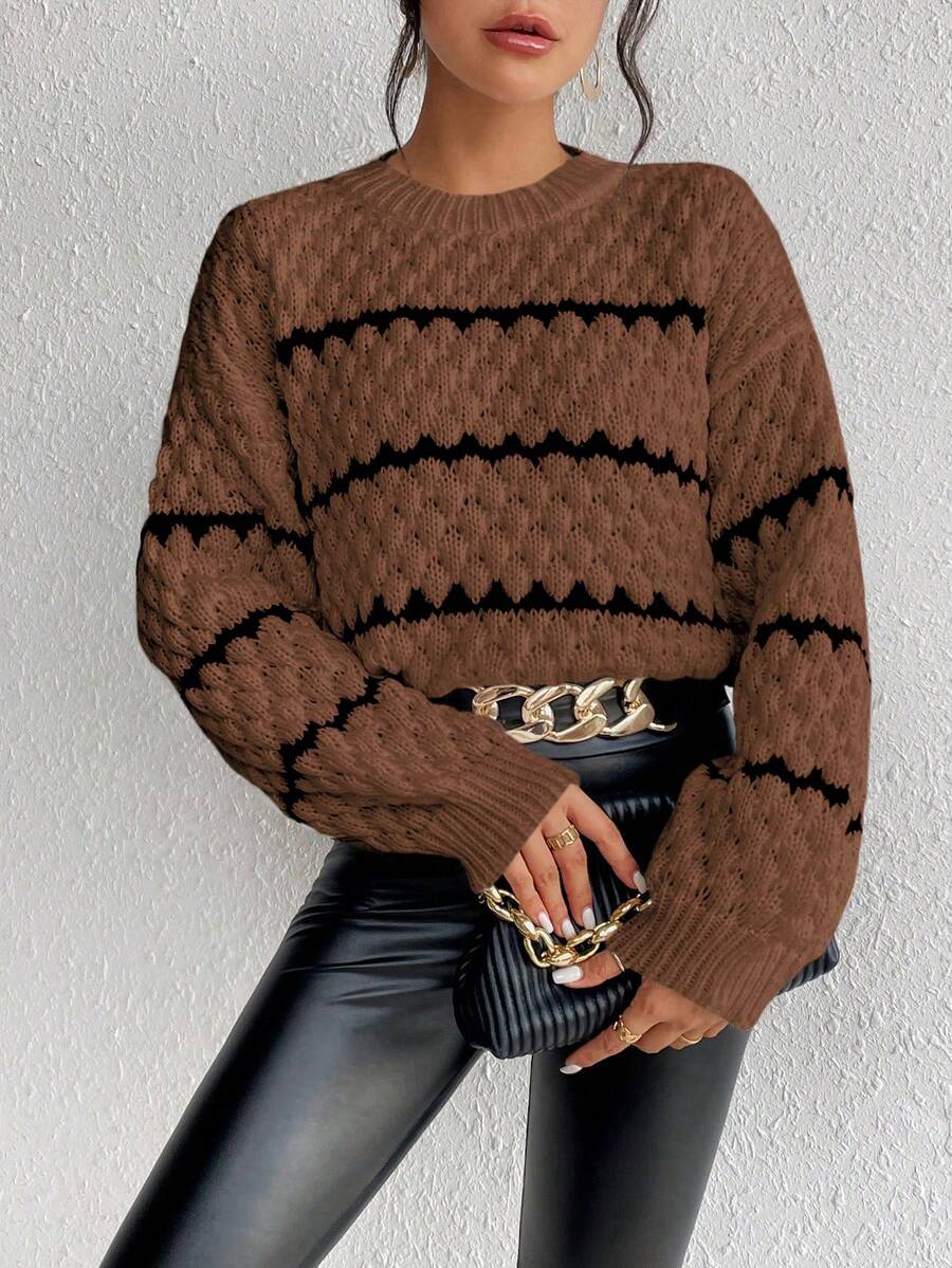 SHEIN Unity Striped Pattern Drop Shoulder Sweater,Long Sleeve Tops Knit Pullover Fall Winter Sweater