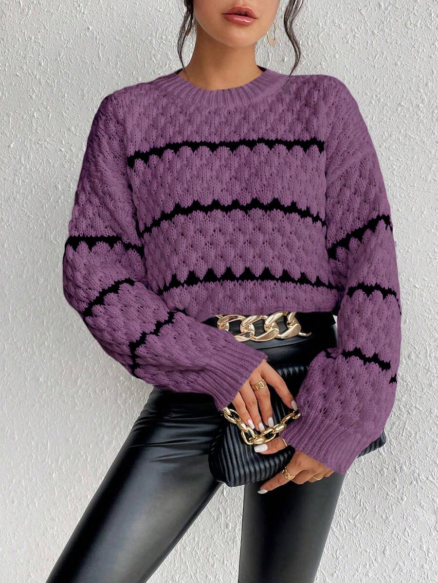 SHEIN Unity Striped Pattern Drop Shoulder Sweater,Long Sleeve Tops Knit Pullover Fall Winter Sweater