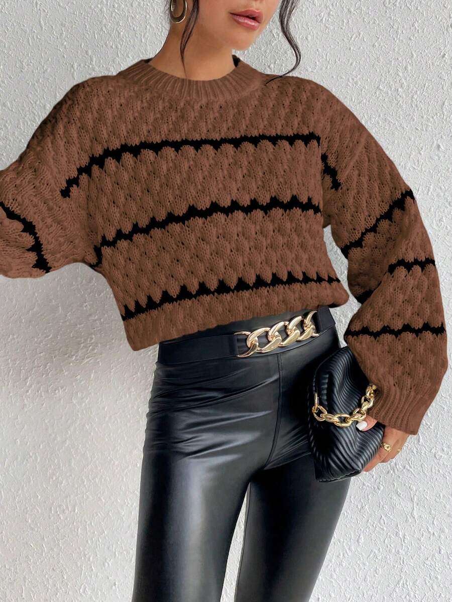 SHEIN Unity Striped Pattern Drop Shoulder Sweater,Long Sleeve Tops Knit Pullover Fall Winter Sweater