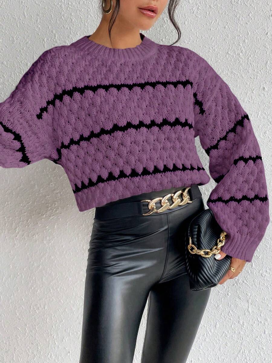 SHEIN Unity Striped Pattern Drop Shoulder Sweater,Long Sleeve Tops Knit Pullover Fall Winter Sweater