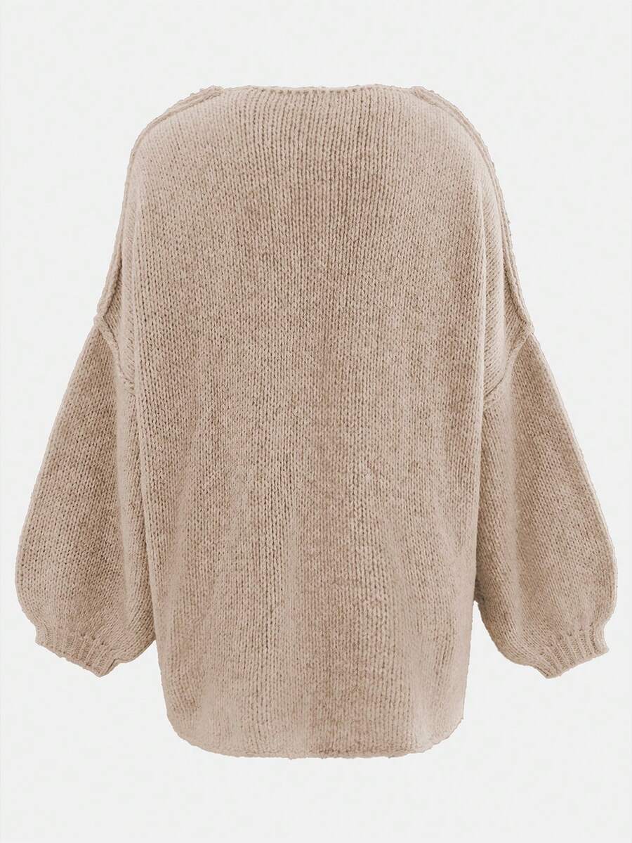 Women's Loose Solid Color Sweater, Casual Autumn/Winter Knit Top, Lantern Sleeve Design, Medium Thickness Fabric, Comfortable To Wear