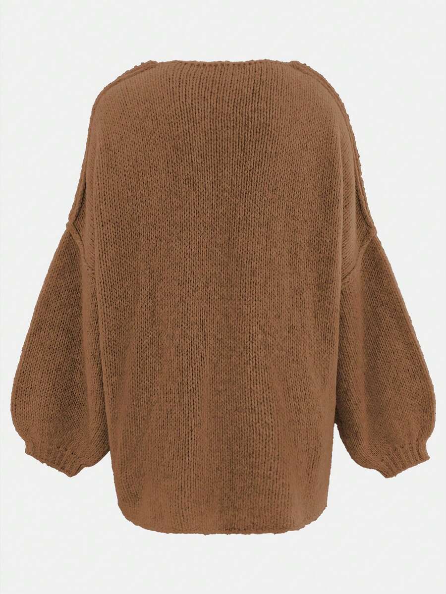 Women's Loose Solid Color Sweater, Casual Autumn/Winter Knit Top, Lantern Sleeve Design, Medium Thickness Fabric, Comfortable To Wear