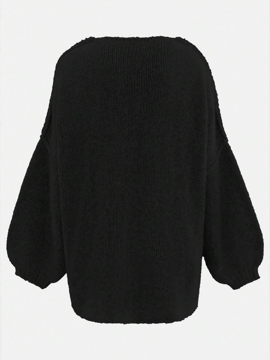 Women's Loose Solid Color Sweater, Casual Autumn/Winter Knit Top, Lantern Sleeve Design, Medium Thickness Fabric, Comfortable To Wear