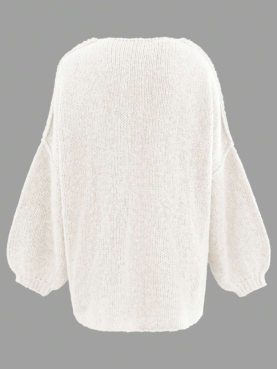 Women's Loose Solid Color Sweater, Casual Autumn/Winter Knit Top, Lantern Sleeve Design, Medium Thickness Fabric, Comfortable To Wear