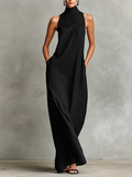 Women's Black Linen-Blend Maxi Dress With High Neck & Side Pockets, Timeless Minimalist Casual Dress