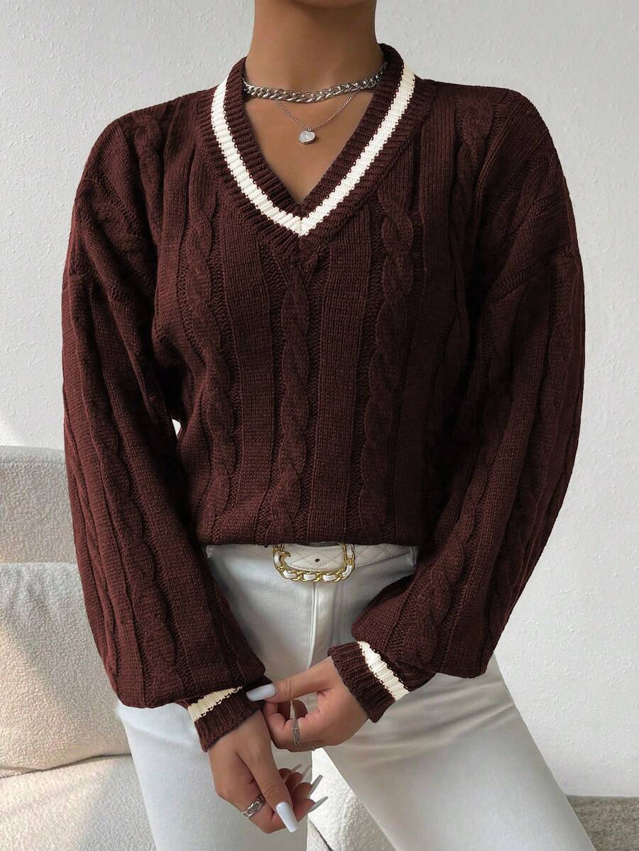 Sprig & Strand Striped Trim Cable Knit Drop Shoulder Sweater,Long Sleeve Tops Knit Pullover Fall Winter Sweater
