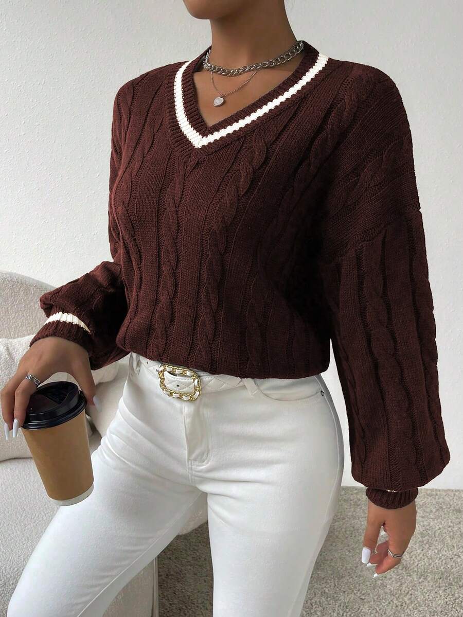Sprig & Strand Striped Trim Cable Knit Drop Shoulder Sweater,Long Sleeve Tops Knit Pullover Fall Winter Sweater