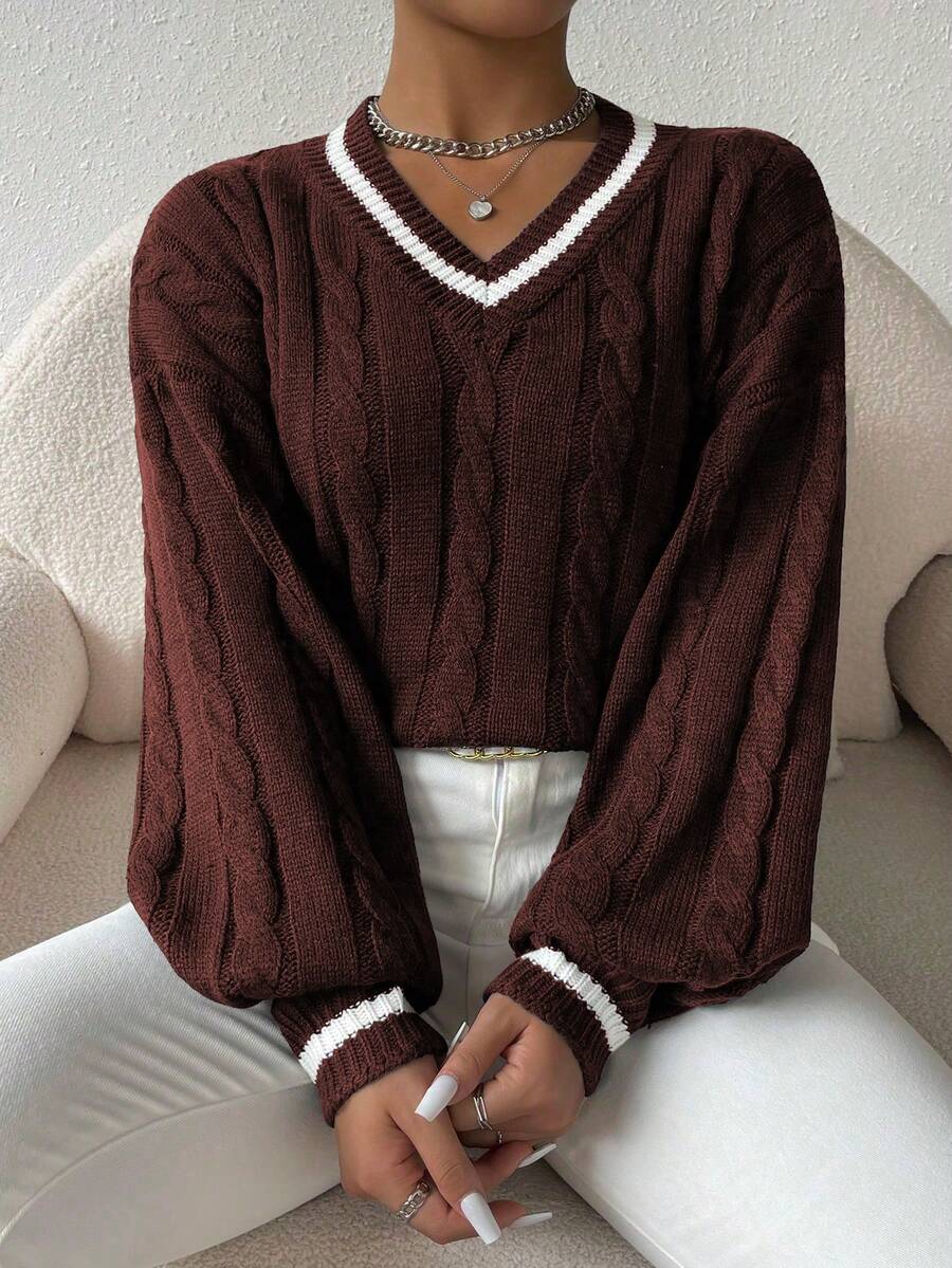 Sprig & Strand Striped Trim Cable Knit Drop Shoulder Sweater,Long Sleeve Tops Knit Pullover Fall Winter Sweater