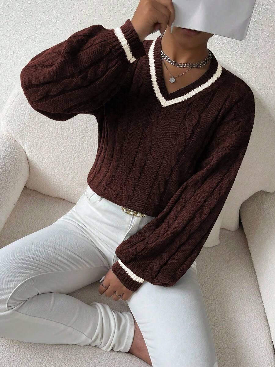 Sprig & Strand Striped Trim Cable Knit Drop Shoulder Sweater,Long Sleeve Tops Knit Pullover Fall Winter Sweater