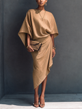 Women's Modern Minimalist Khaki Linen Blend Draped Asymmetric Short Sleeve Midi Dress