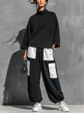 Women’s Black Cotton Knit Oversized High Neck 3/4 Sleeve Sweatshirt & Elastic Cuff Color Block White Patch Pocket Jogger Cargo Pants Two Piece Tracksuit Set