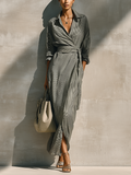 Women's Grey White Vertical Stripe Cotton Blend Collared Wrap Tie Waist Side Pocket Maxi Shirt Dress