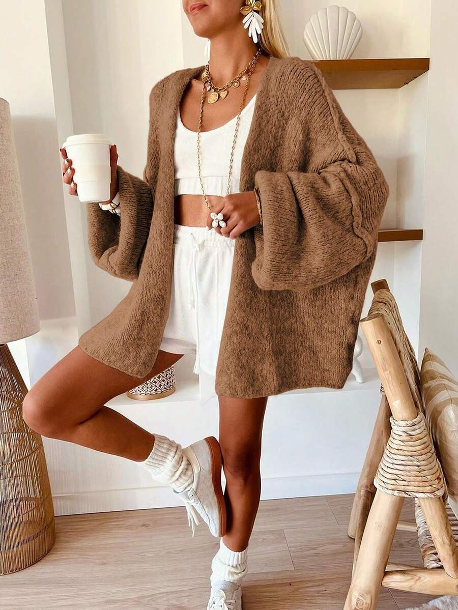 Women's Loose Solid Color Sweater, Casual Autumn/Winter Knit Top, Lantern Sleeve Design, Medium Thickness Fabric, Comfortable To Wear