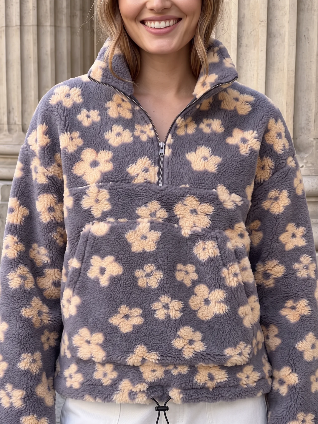 Cressida | Floral Fleece Half Zip Pullover, Oversized Winter Sweater