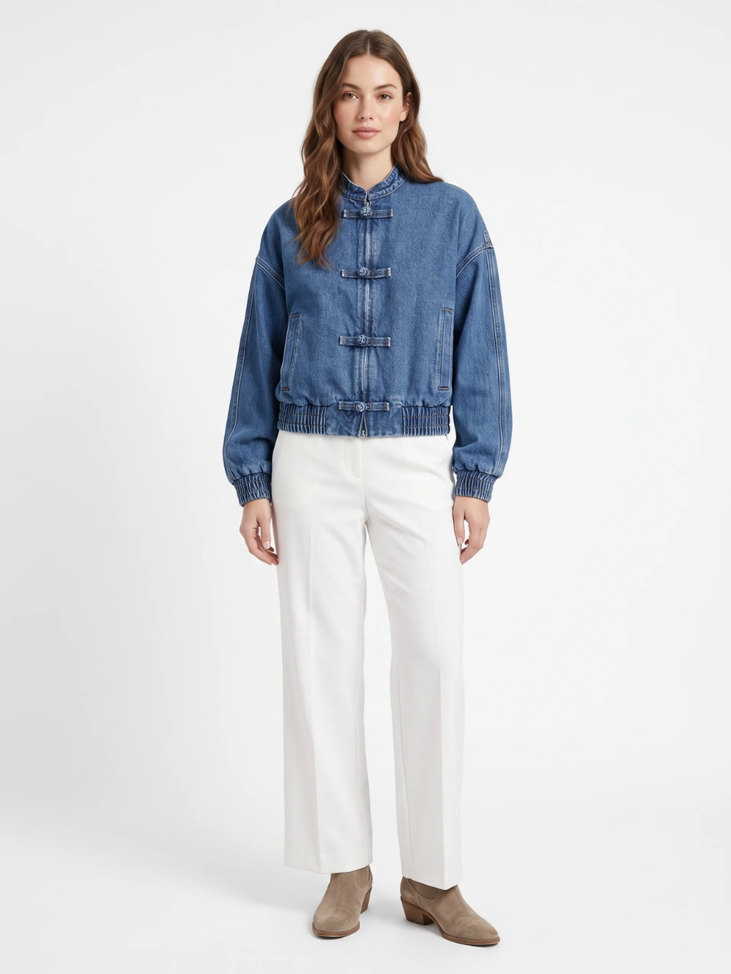 Isabella | Cropped Denim Bomber Jacket, Frog Button Spring Autumn Coat