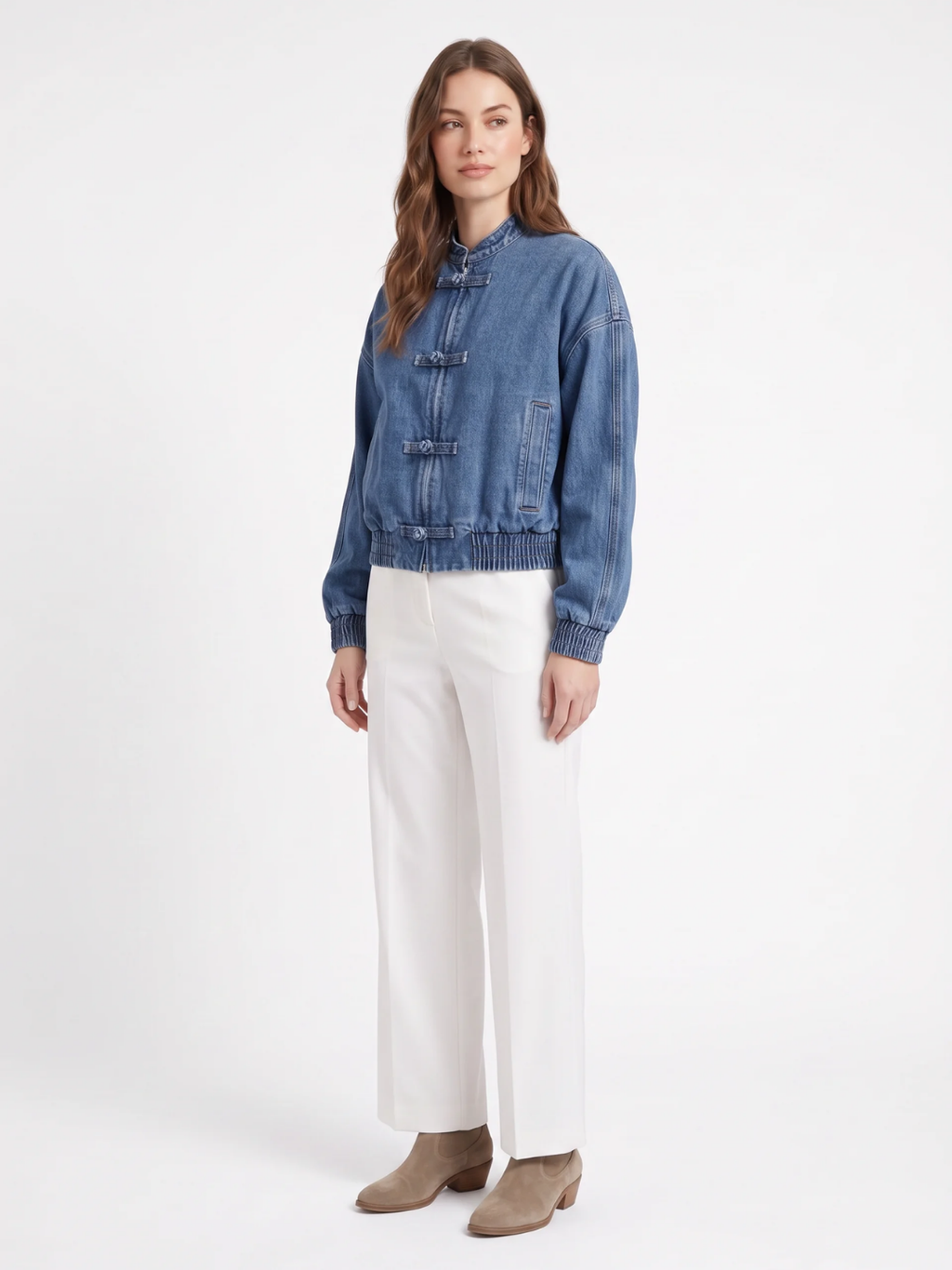 Isabella | Cropped Denim Bomber Jacket, Frog Button Spring Autumn Coat