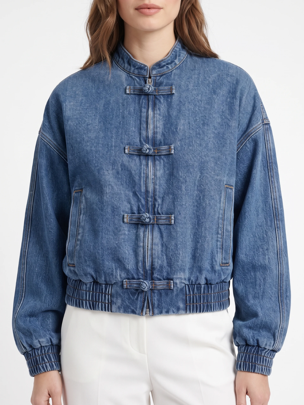 Isabella | Cropped Denim Bomber Jacket, Frog Button Spring Autumn Coat