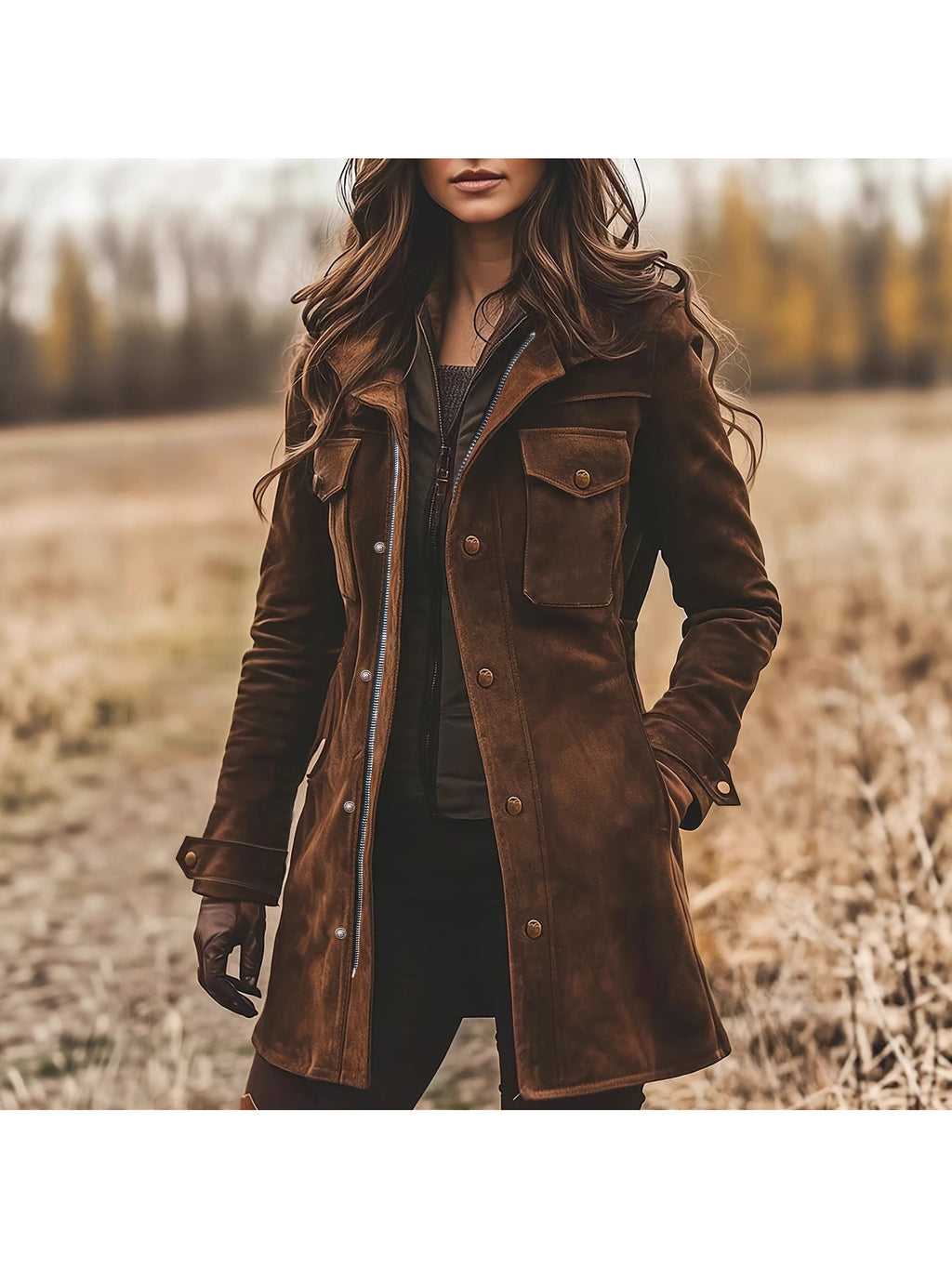 Women's Vintage Deerskin Coat, Mid-Length Lapel Jacket with Golden Tone Buttons, Warm Winter Coat Elegant Casual Semi-Formal, Suitable for Autumn and Winter, Durable Versatile Clothing, Classic Seasonal Wardrobe, Brown