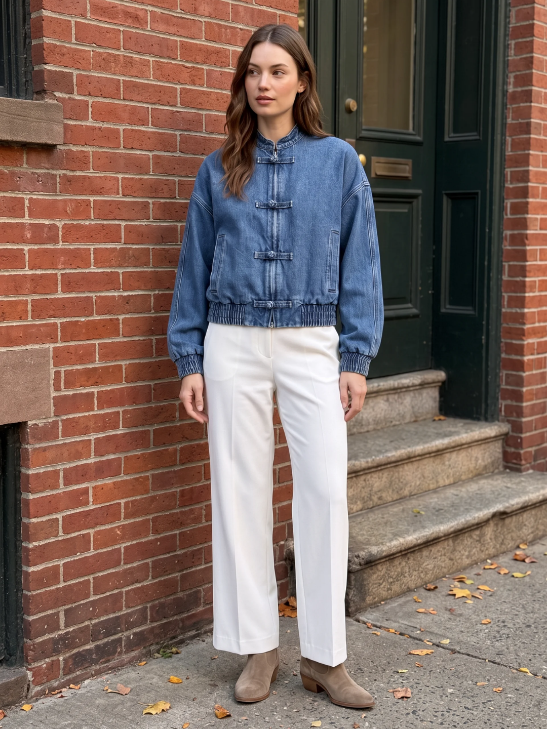 Isabella | Cropped Denim Bomber Jacket, Frog Button Spring Autumn Coat