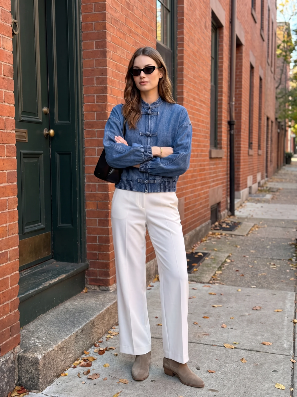 Isabella | Cropped Denim Bomber Jacket, Frog Button Spring Autumn Coat