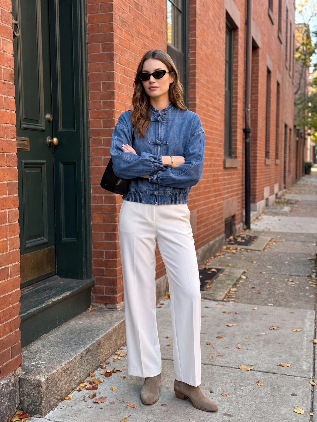 Isabella | Cropped Denim Bomber Jacket, Frog Button Spring Autumn Coat