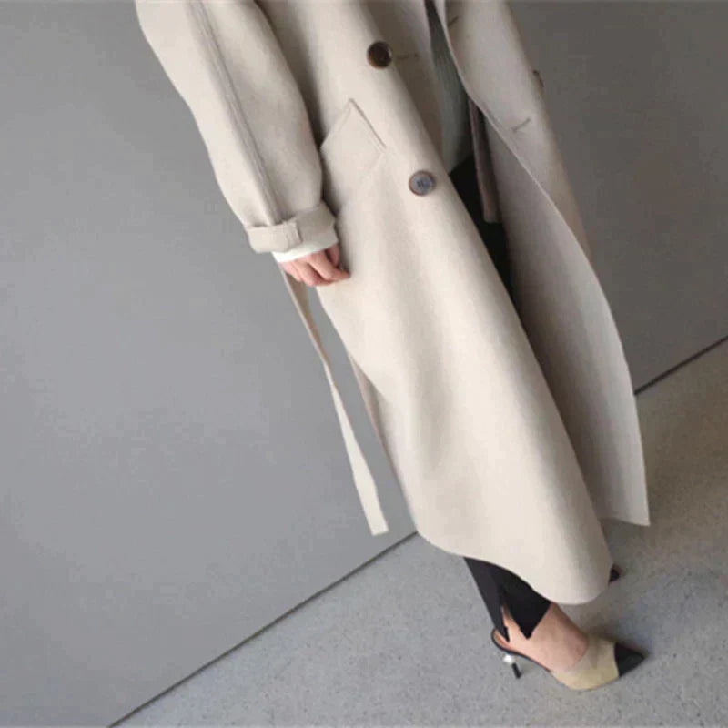Women's Double-Breasted Belted Long Coat with Notch Lapel