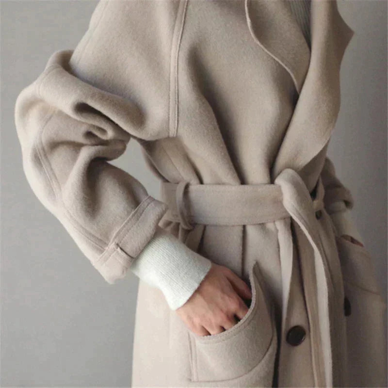 Women's Double-Breasted Belted Long Coat with Notch Lapel