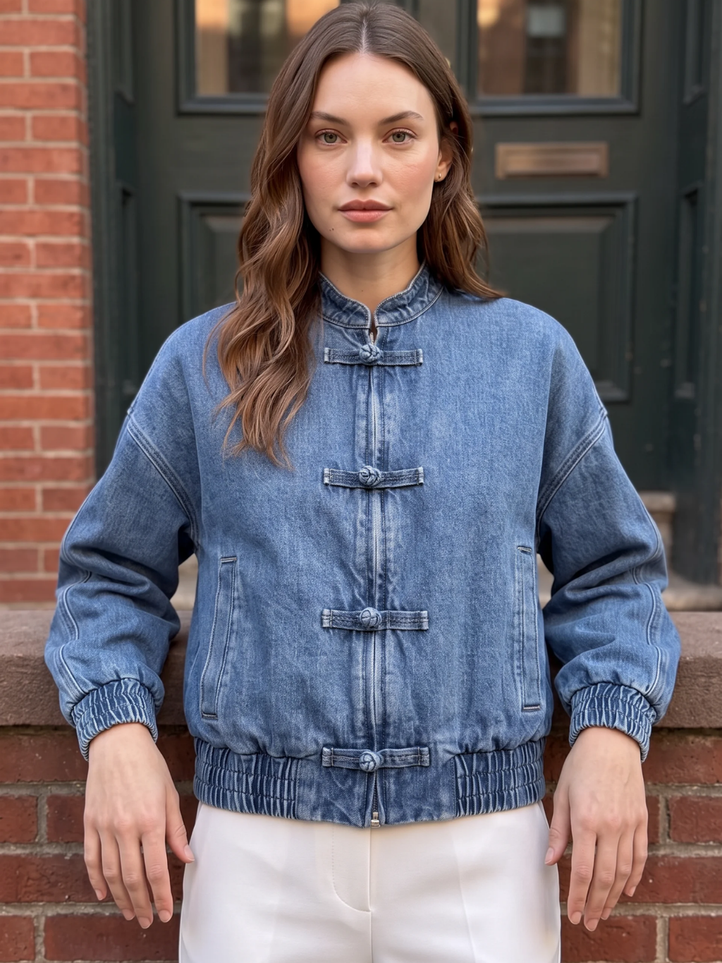 Isabella | Cropped Denim Bomber Jacket, Frog Button Spring Autumn Coat
