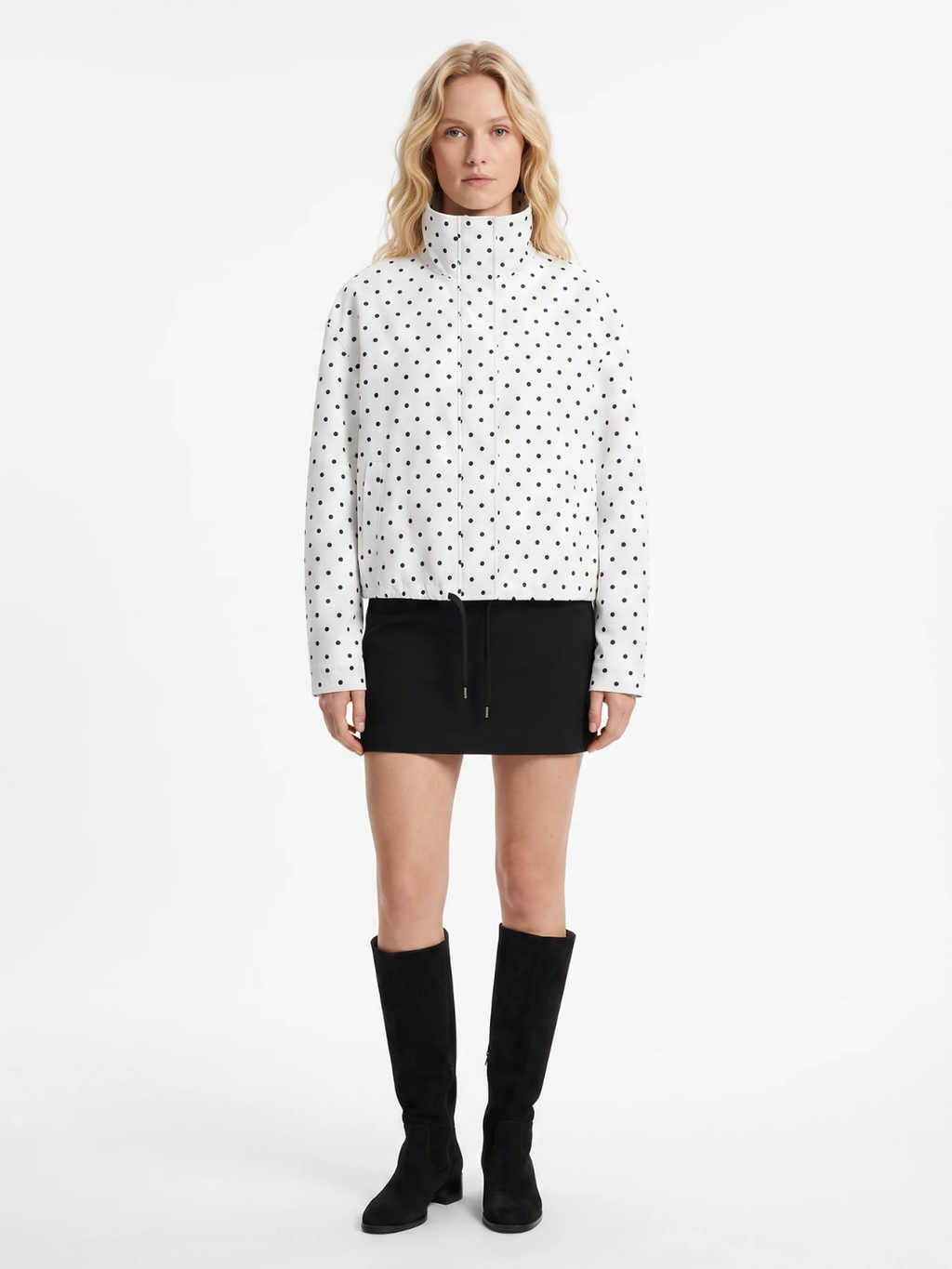 Emily | Polka Dot Stand Collar Jacket, Drawcord Hem Autumn Coat