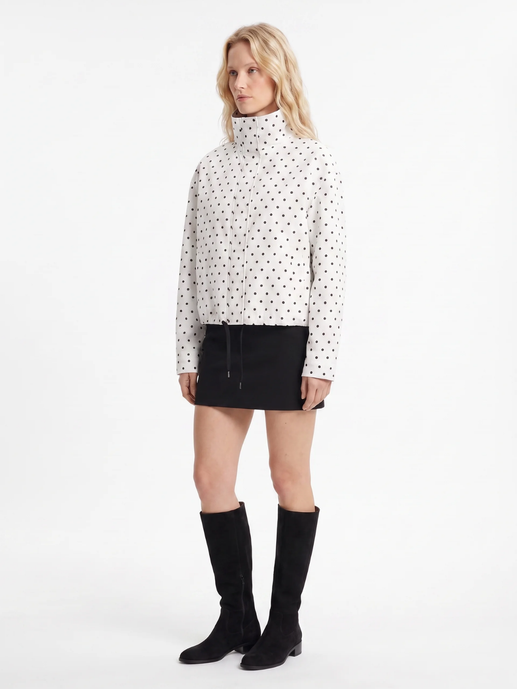 Emily | Polka Dot Stand Collar Jacket, Drawcord Hem Autumn Coat