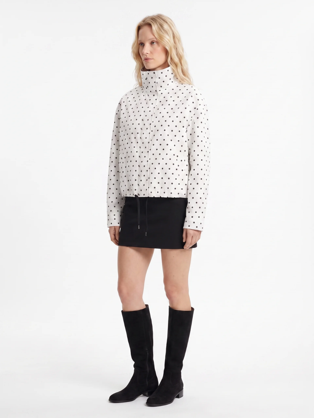Emily | Polka Dot Stand Collar Jacket, Drawcord Hem Autumn Coat