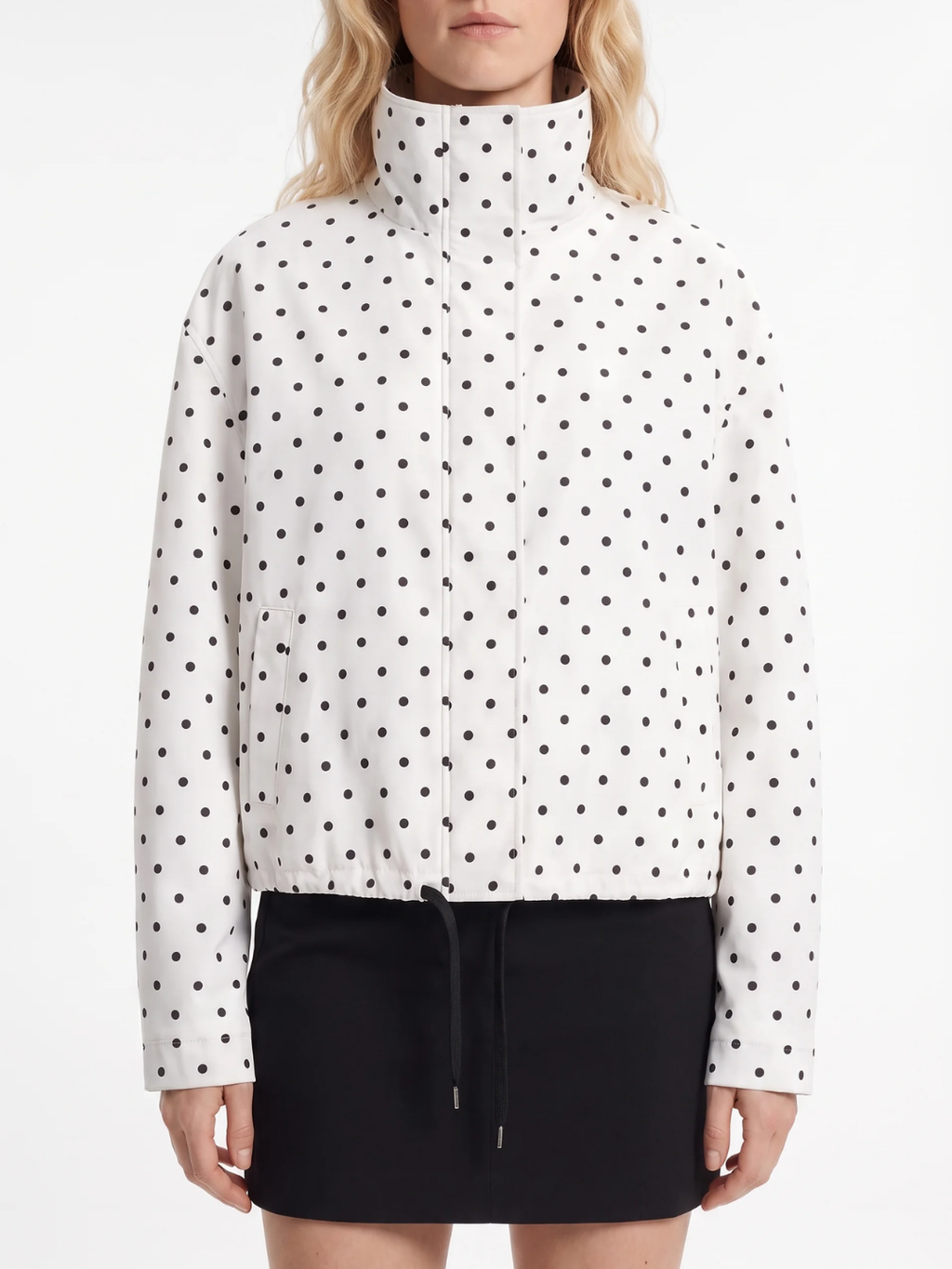 Emily | Polka Dot Stand Collar Jacket, Drawcord Hem Autumn Coat