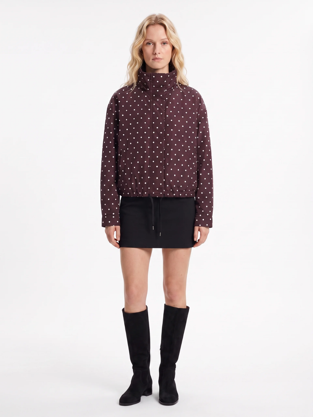 Emily | Polka Dot Stand Collar Jacket, Drawcord Hem Autumn Coat