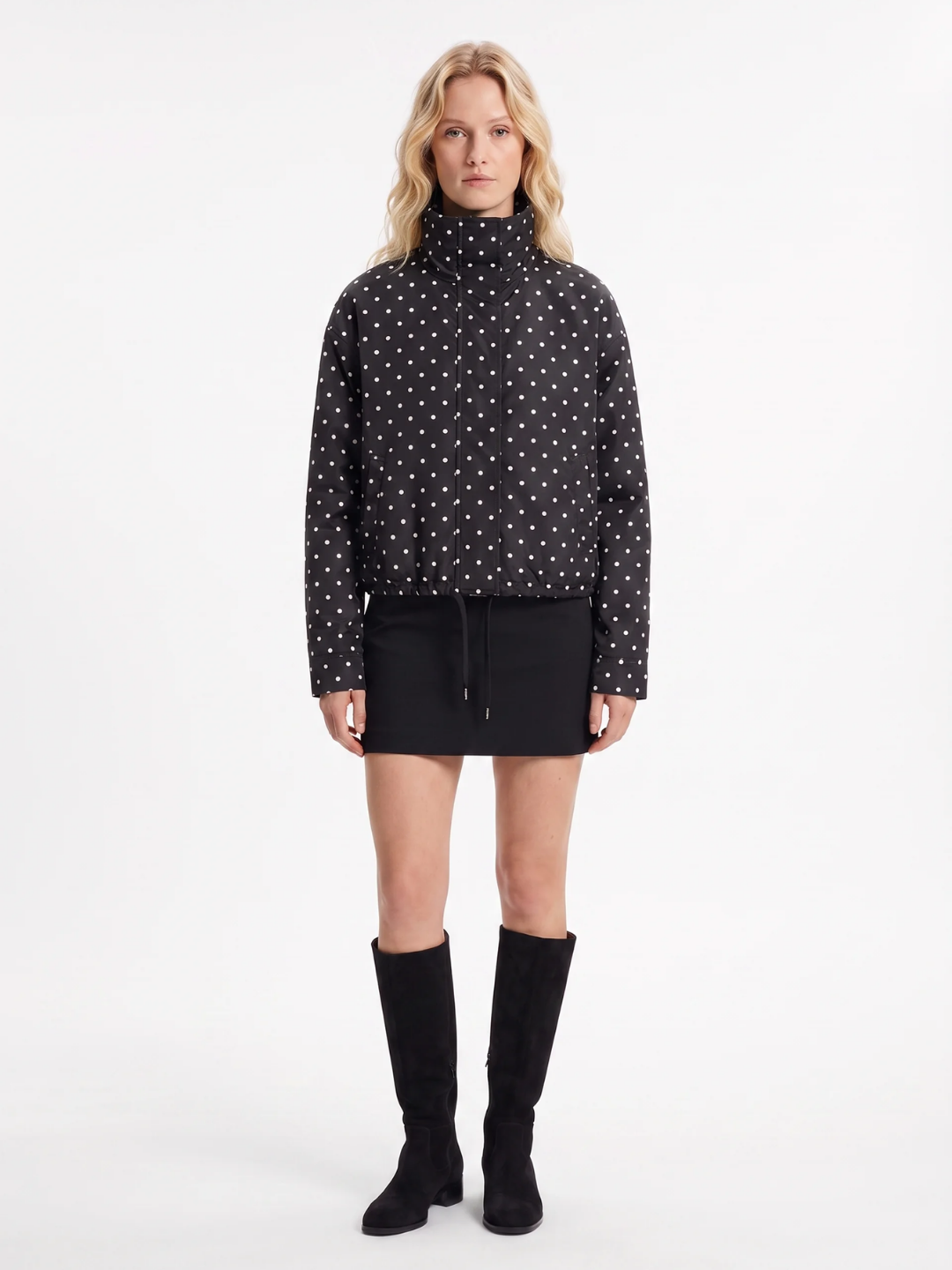 Emily | Polka Dot Stand Collar Jacket, Drawcord Hem Autumn Coat