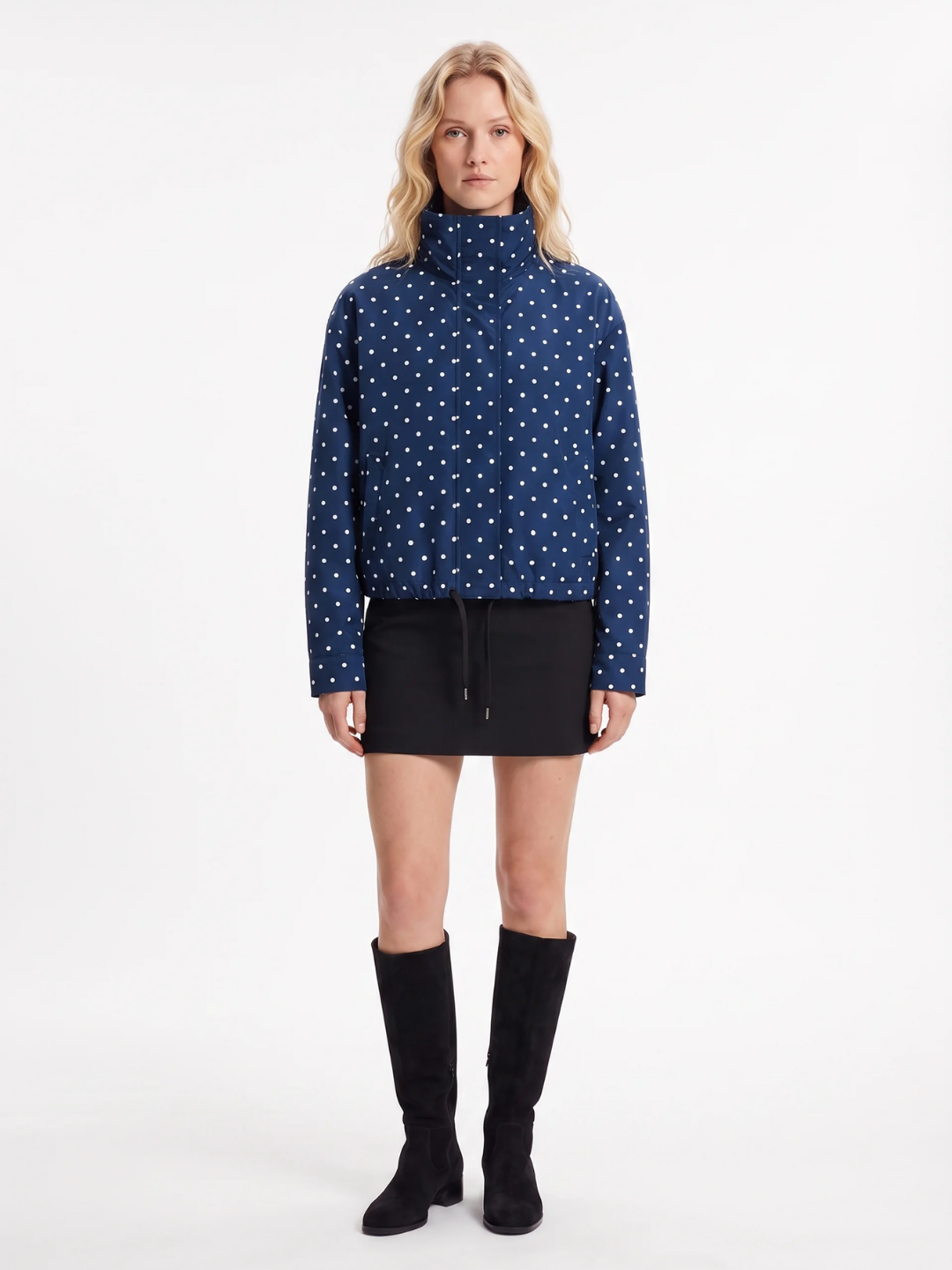 Emily | Polka Dot Stand Collar Jacket, Drawcord Hem Autumn Coat